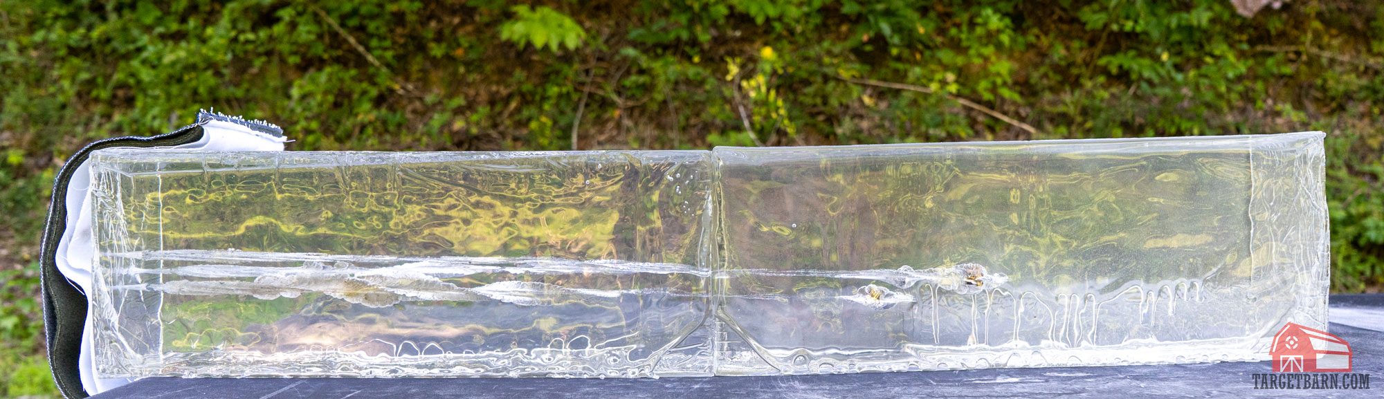 a ballistic gel block after three rounds of fiocchi defense 9mm 115 grain JHP that penetrated between 20" and 24"