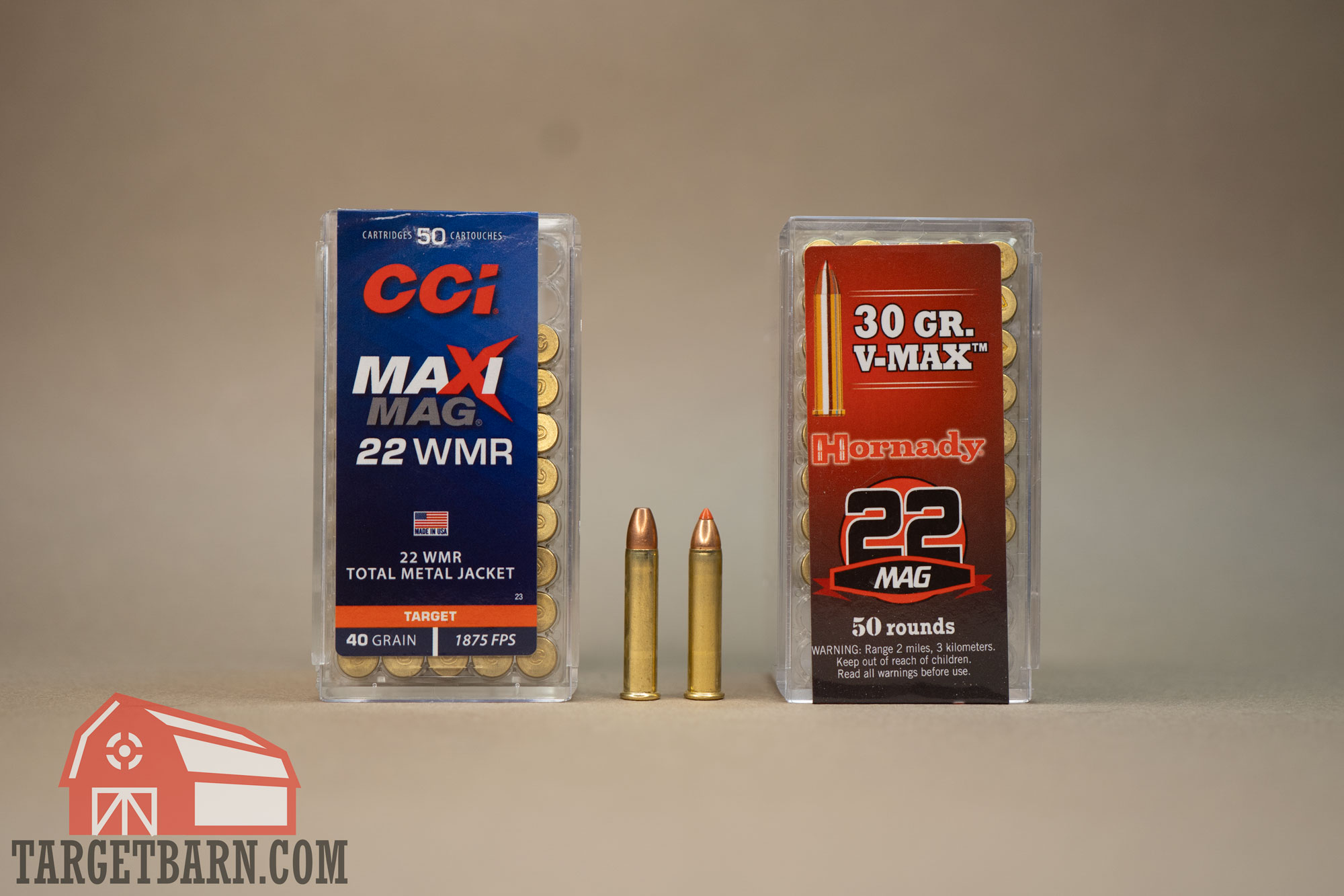.22 wmr vs. .22 mag a box and one round of cci maxi mag 22 wmr next to a box and one round of hornady 22 mag showing that .22 wmr vs. .22 mag are the same thing