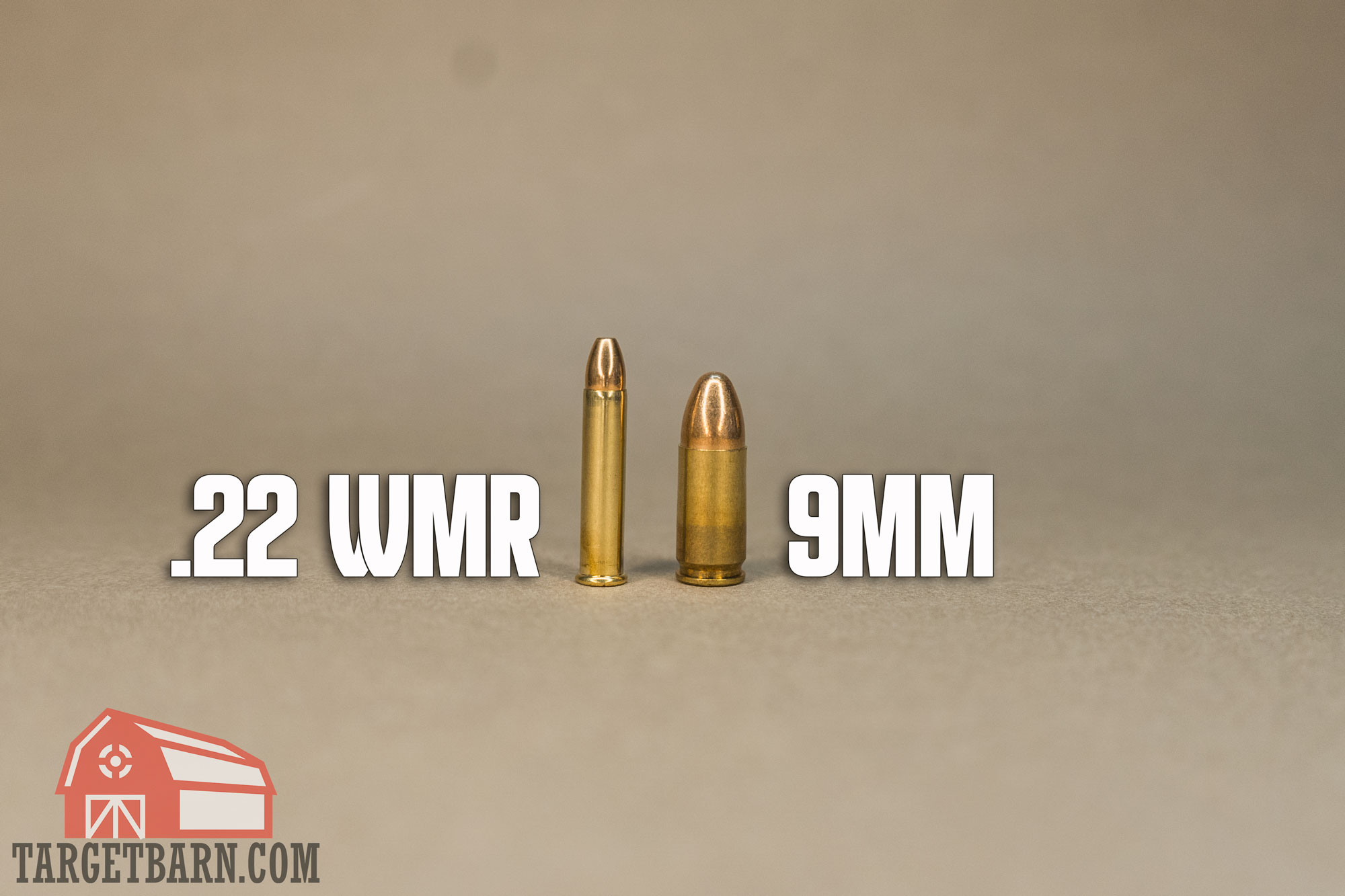 .22 wmr vs. 9mm a .22 wmr round next to a 9mm round labeled with each caliber