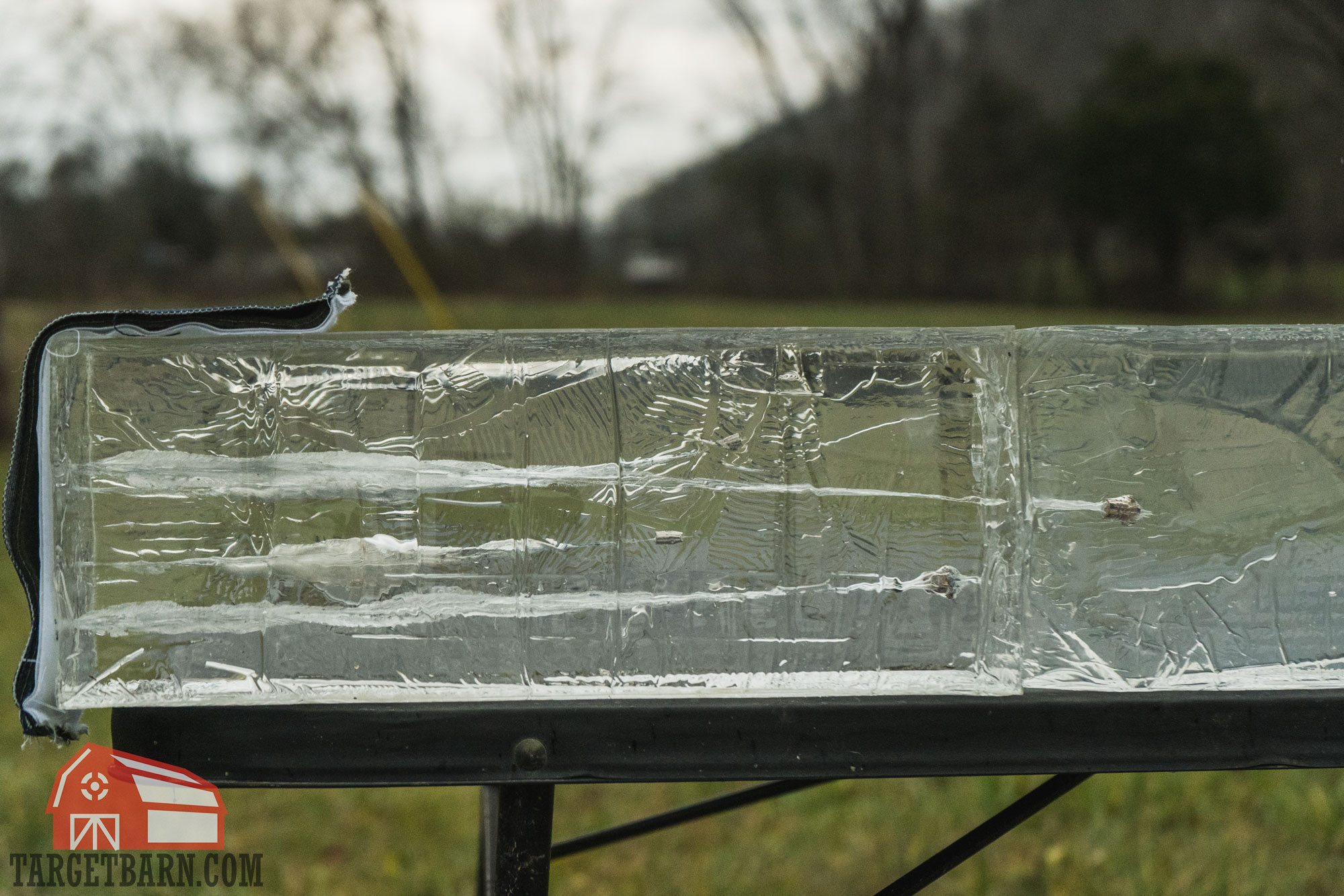.22 wmr vs. 9mm gel test showing a ballistic gel block after both .22 wmr and 9mm had been fired into it