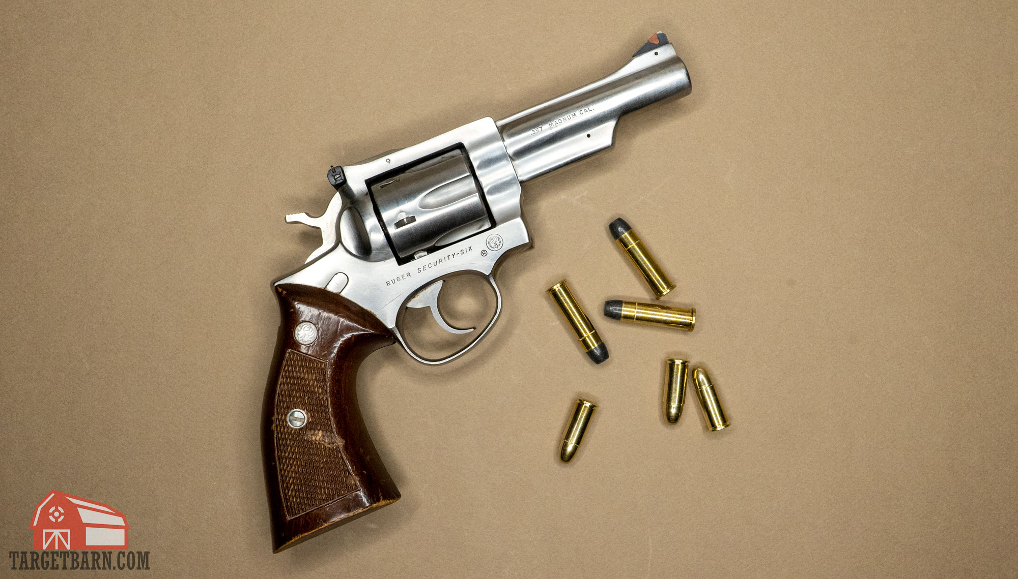a ruger security six revolver chambered in .357 magnum with .357 magnum and .38 S&W rounds