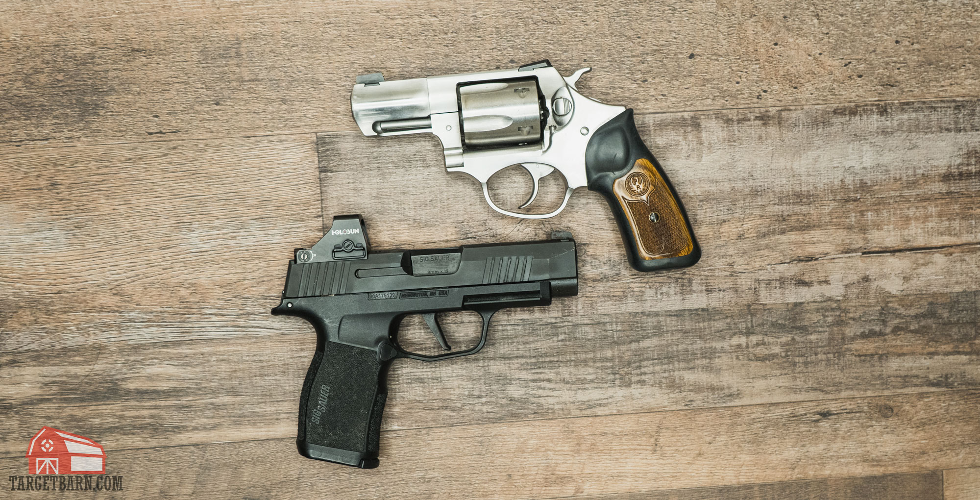 a sig sauer p365xl 9mm next to a ruger sp101 38 special