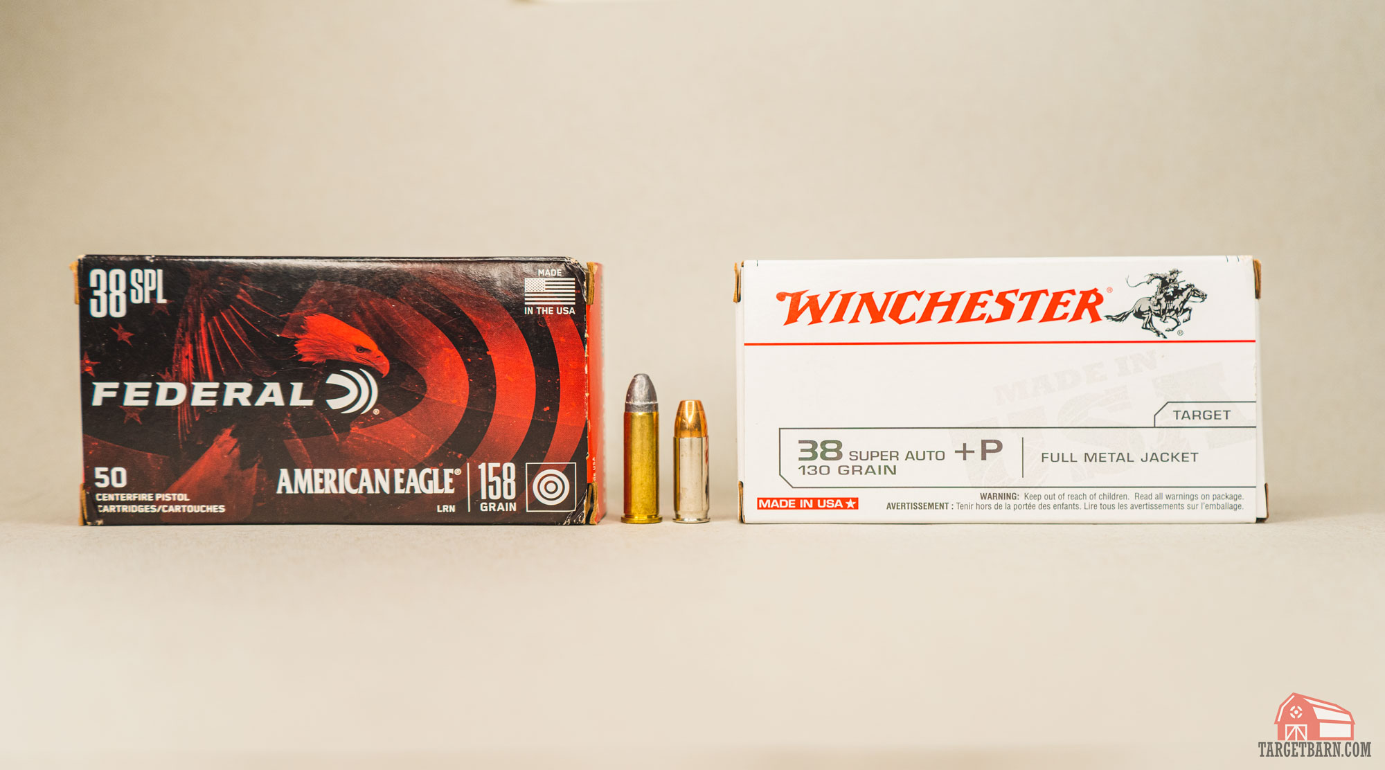a box and one round of federal american eagle 38 special next to a box and one round of winchester 38 super ammo