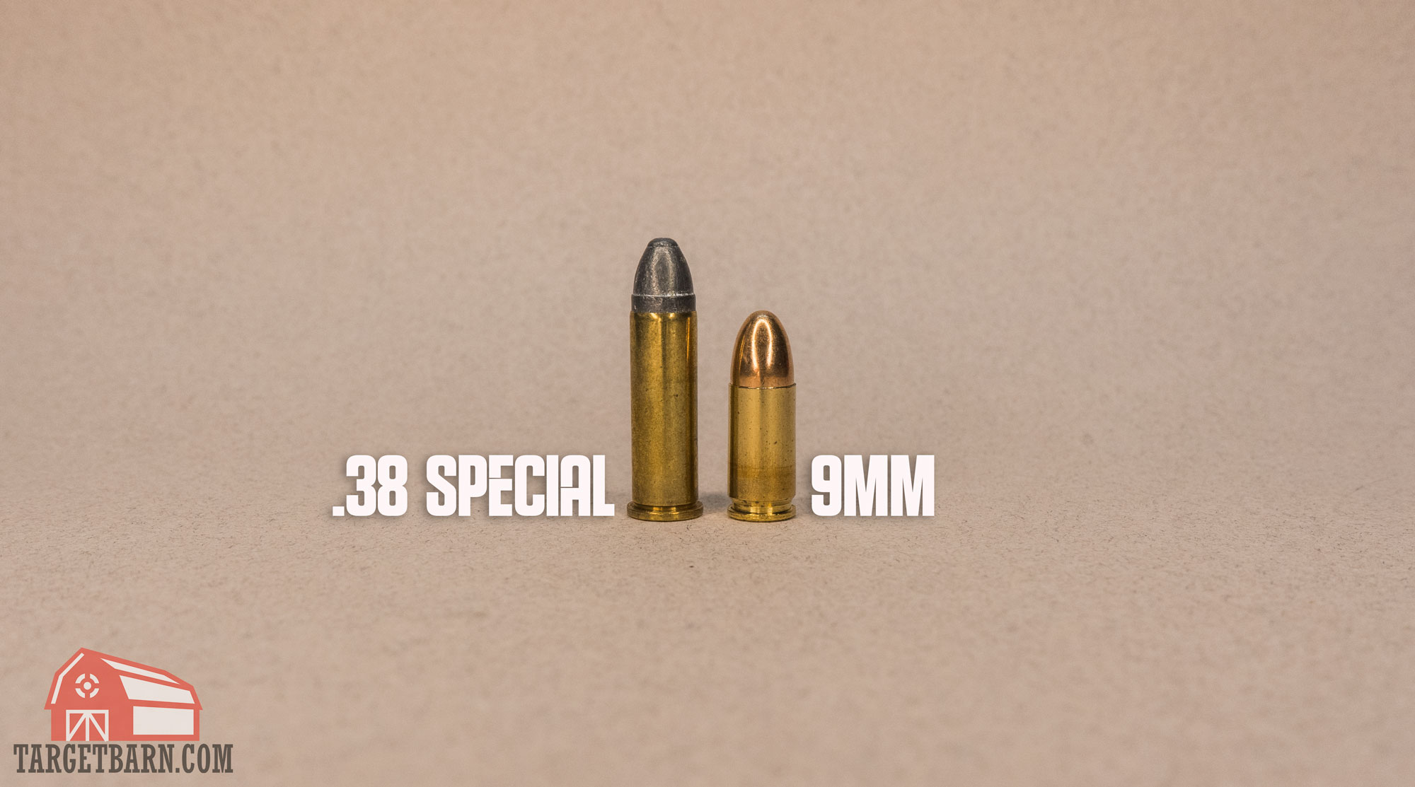 a .38 special round next to a 9mm round