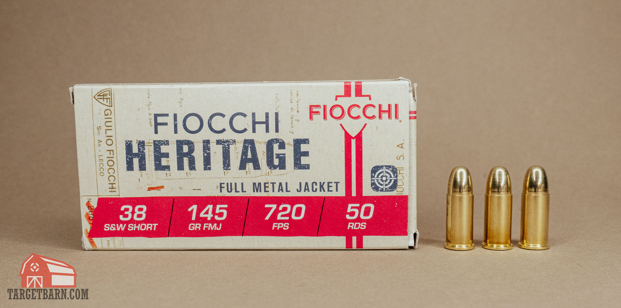 a box and three rounds of fiocchi heritage .38 S&W fmj ammo