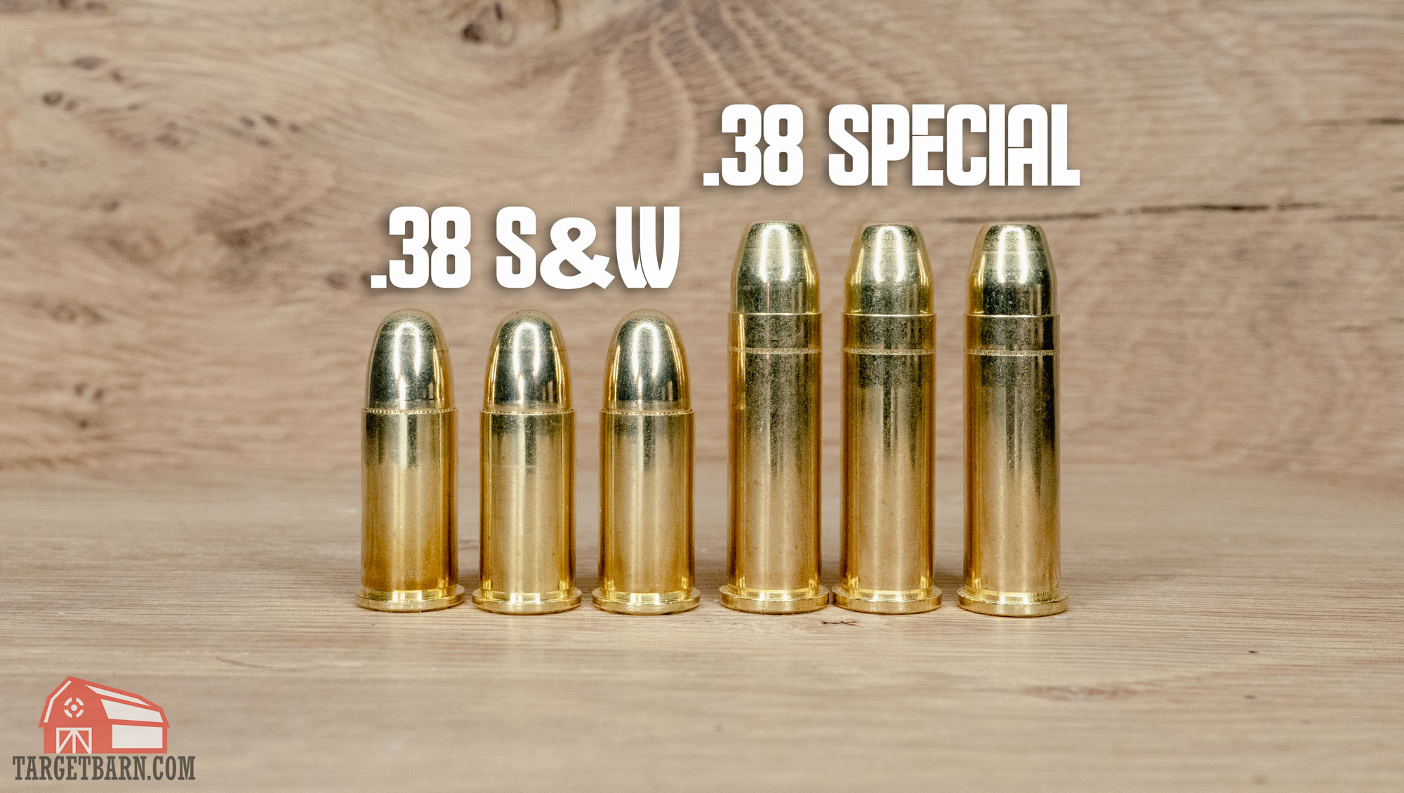 three rounds of .38S&W next to three rounds of .38 special with labels 