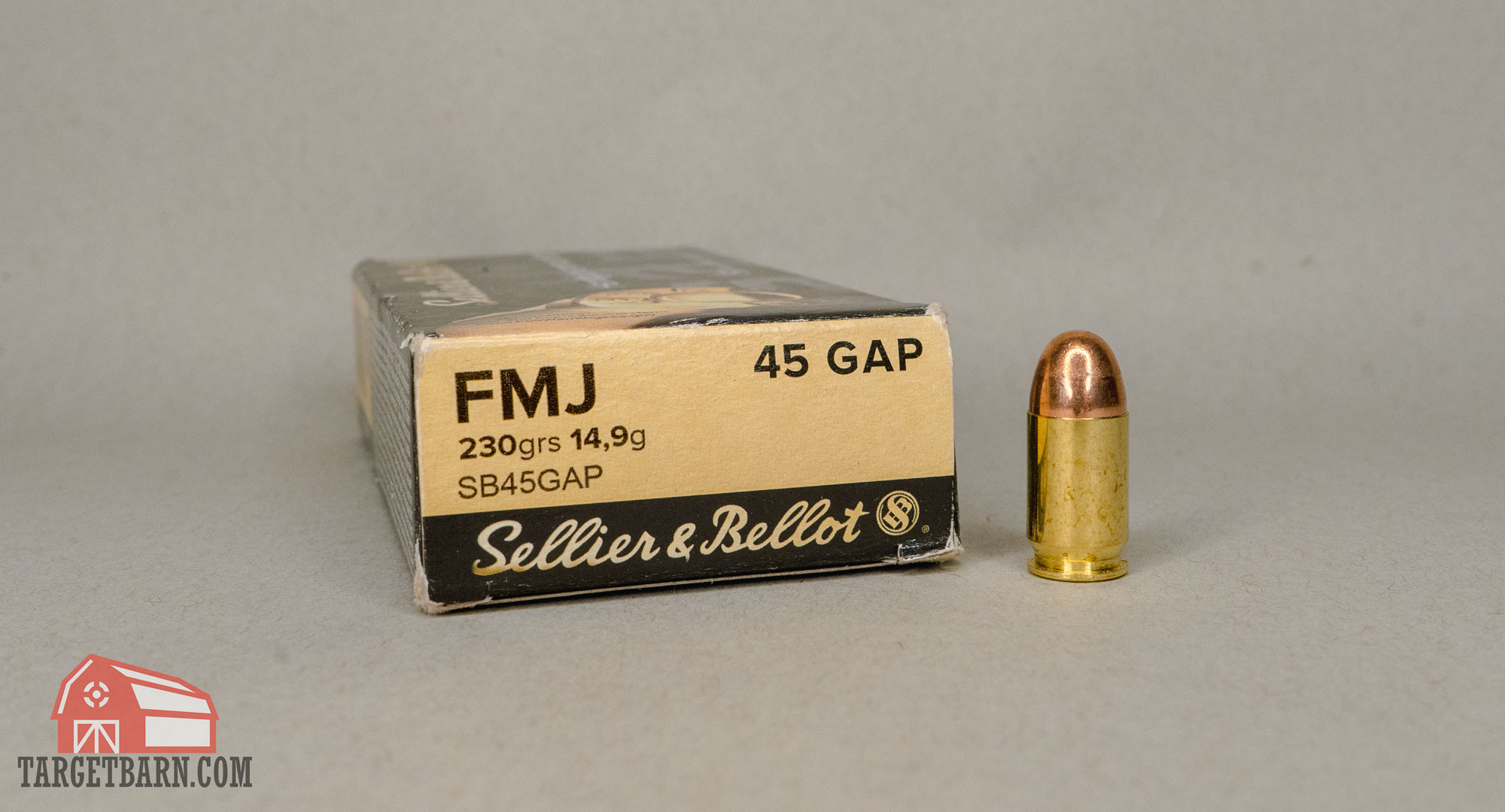 a box of sellier & bellot 45 GAP with a round next to it