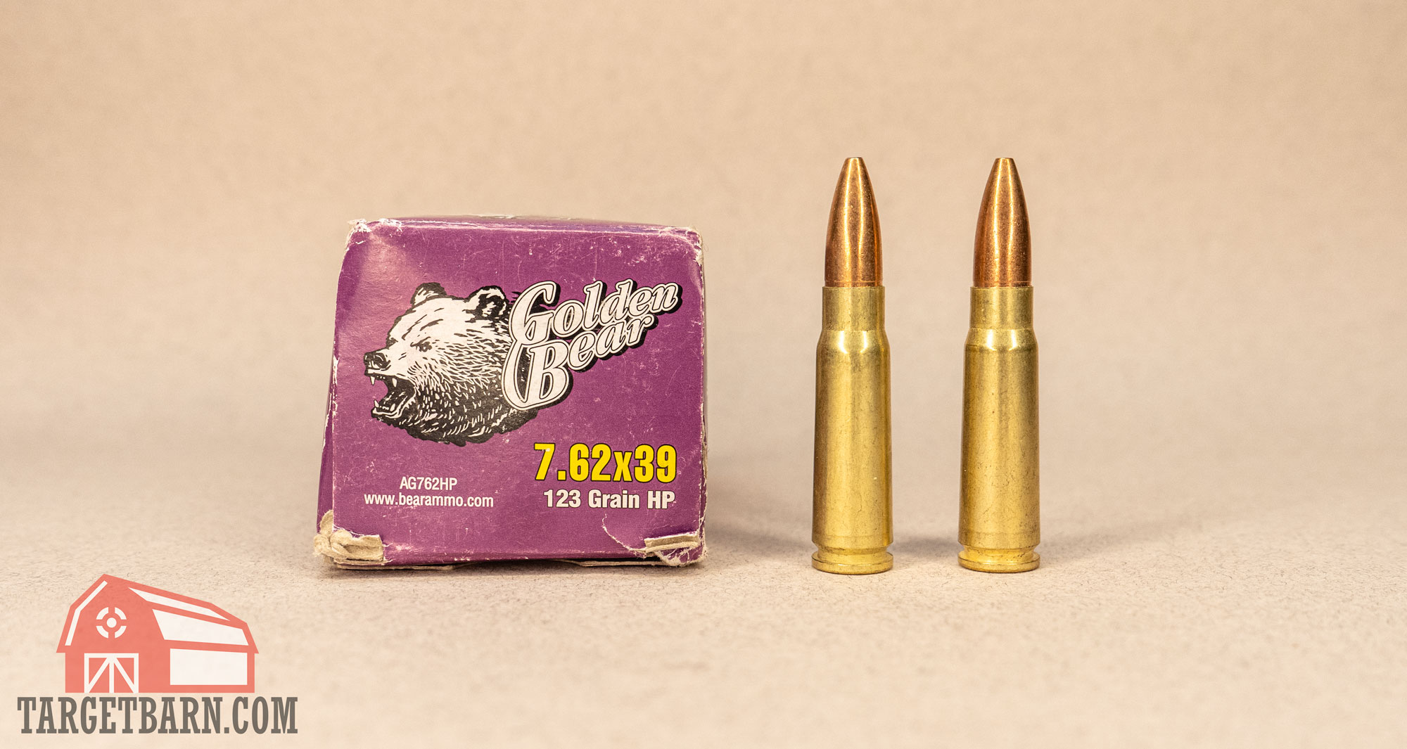 a box of golden bear 7.62x39mm with two rounds