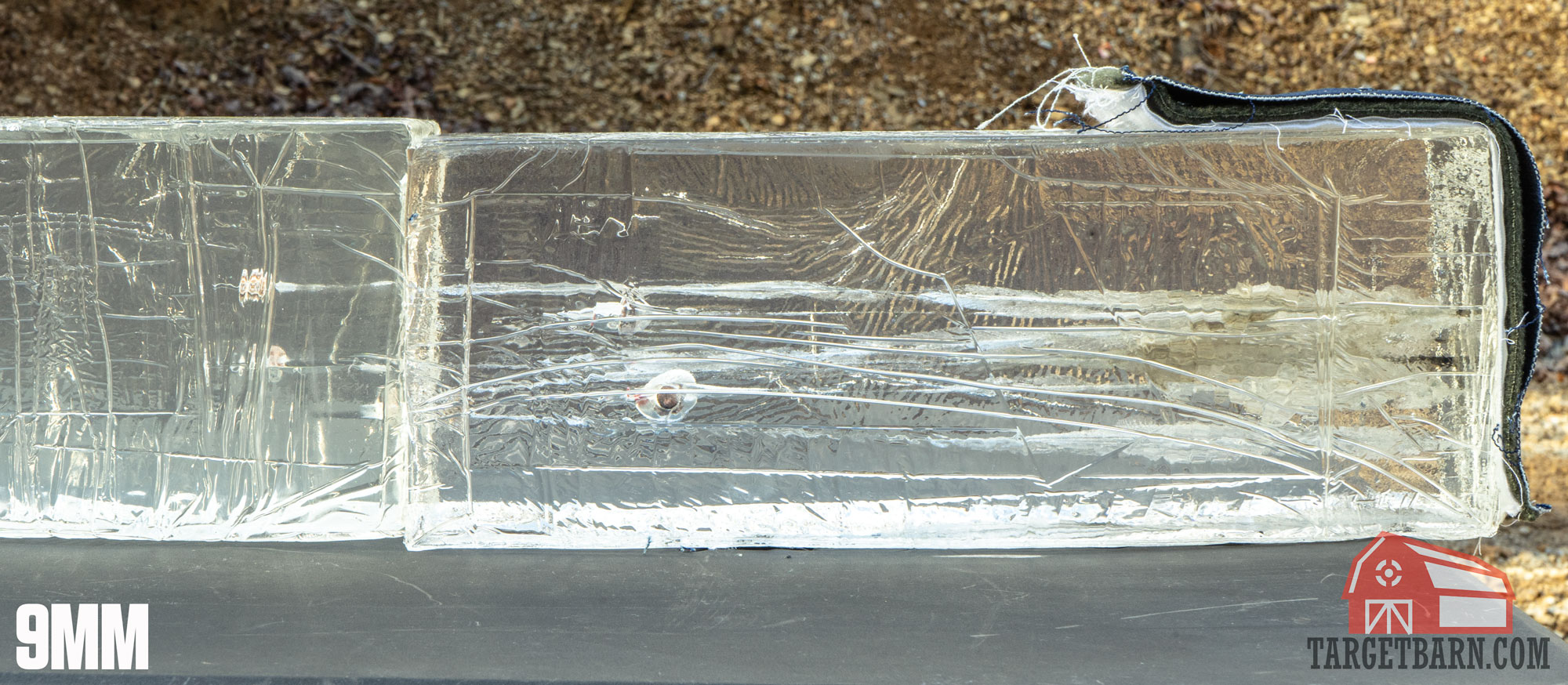 six 9mm rounds in ballistic gel with a 4-layer fabric covering