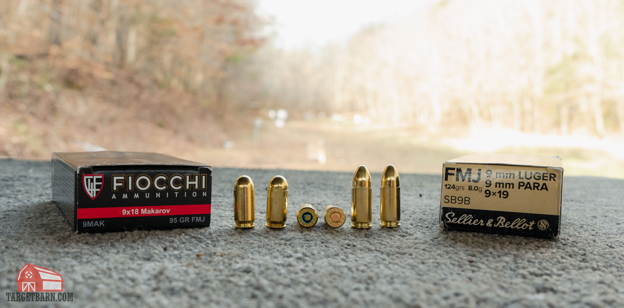 a box and 3 rounds of 9x18mm makarov next to a nox and 3 rounds of 9mm luger at the range