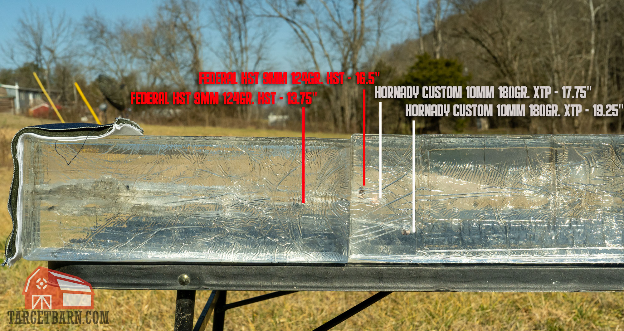 10mm vs. 9mm ballistics a ballistic gel block after being shot with 2 rounds each of a 9mm round and 10mm round to show penetration depth