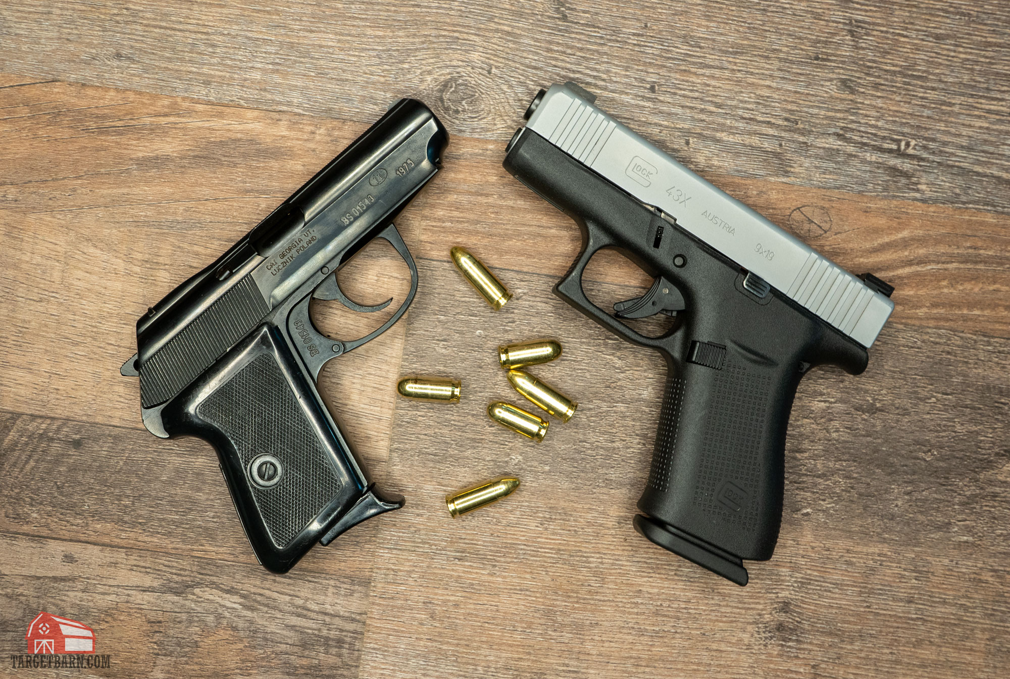 a 9x18mm makarov and 9x19mm luger pistol and rounds