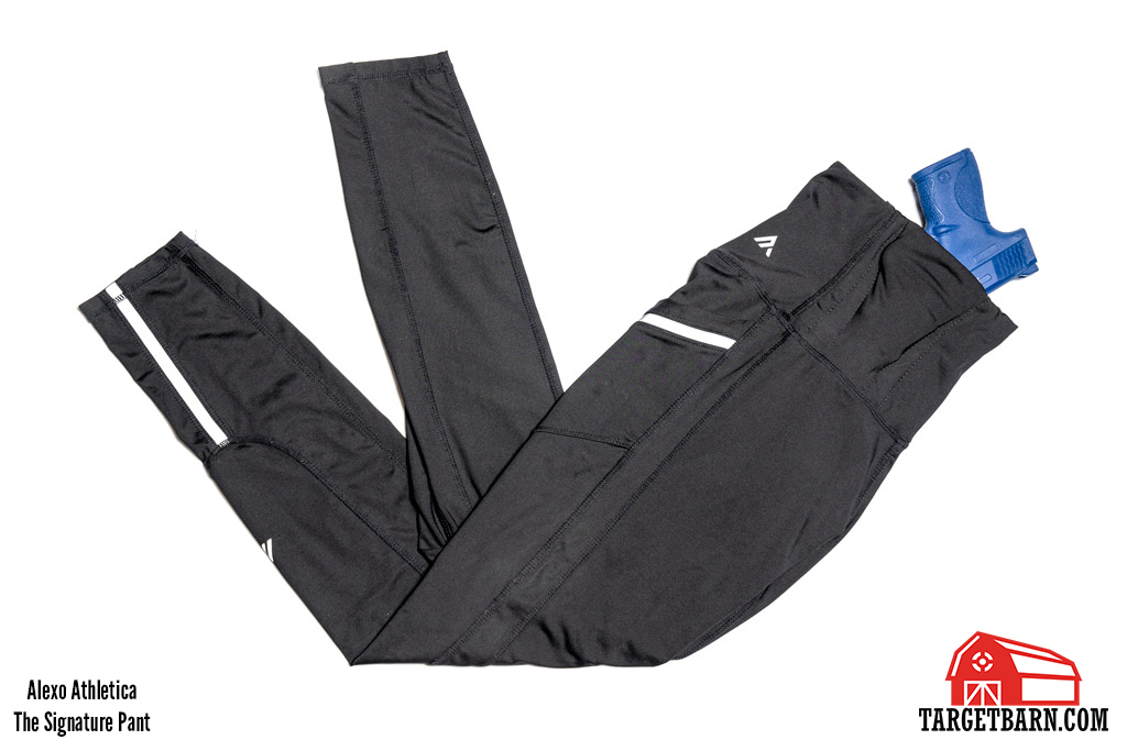 Alexo Athletica The Signature Pant concealed carry leggings with blue gun