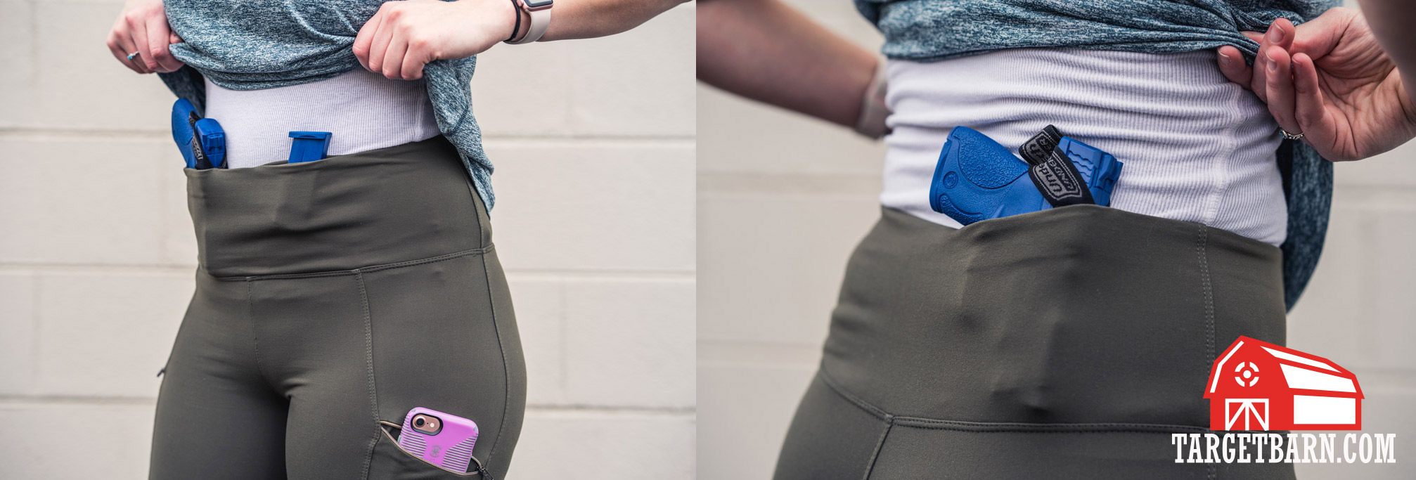 front view and back view of the Undertech Undercover concealed carry zip pocket leggings with blue guns and magazines