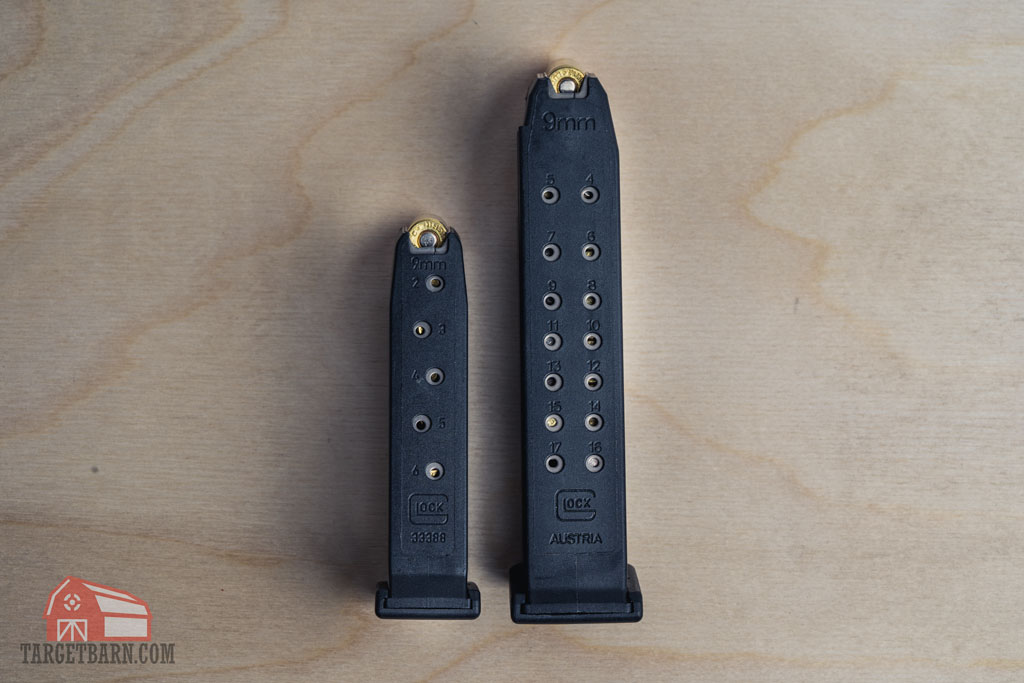 a single stack magazine on the left and a double stack magazine on the right