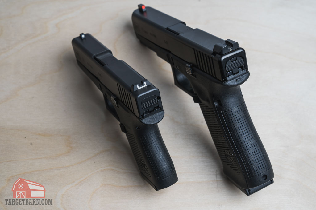 a single stack pistol on the left is thinner compared to the double stack pistol on the right