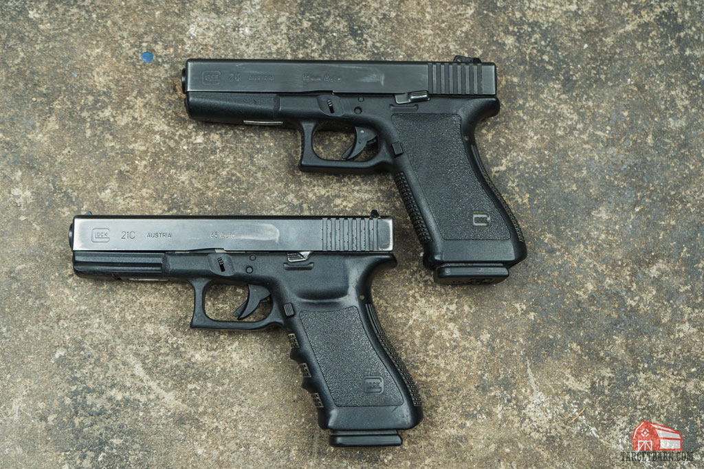 two pieces of glock history: the glock 21c chambered in .45 ACP and glock 20 chambered in 10mm