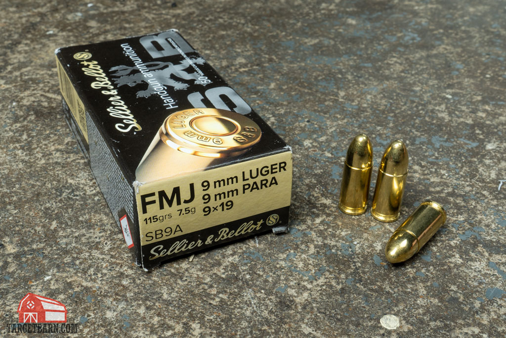 a box of sellier & bellot 9mm labeled 9mm Luger, 9mm para, and 9x19