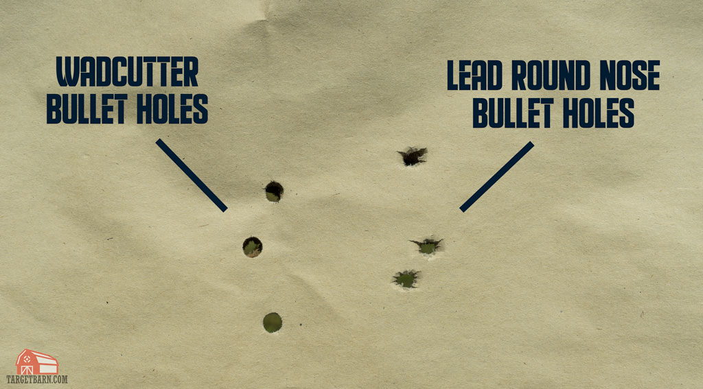 showing the clean wadcutter bullet holes on a paper target compared to lrn bullet holes