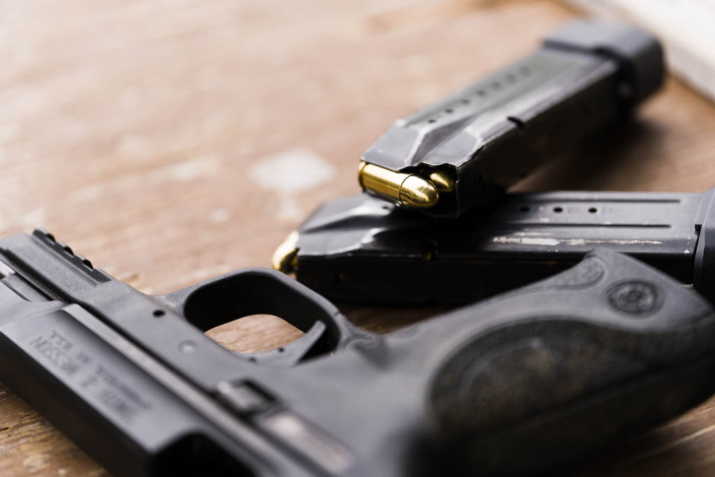 Pistol and magazine with FMJ rounds loaded