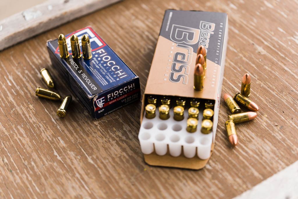Fiocchi 9mm FMJ and Blazer Brass 9mm FMJ boxes and rounds