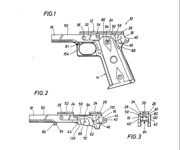 a diagram from the original patent of the 2011 pistol as patented by tripp and strayer