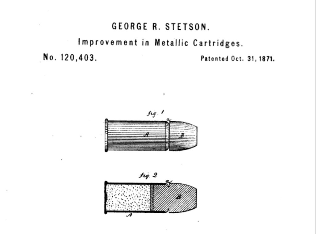 showing a drawing from george r. stetson's patent of heeled bullets