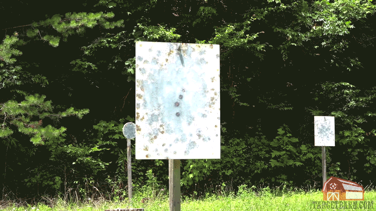 a slow motion gif of frangible ammo hitting a steel target and disintegrating on impact