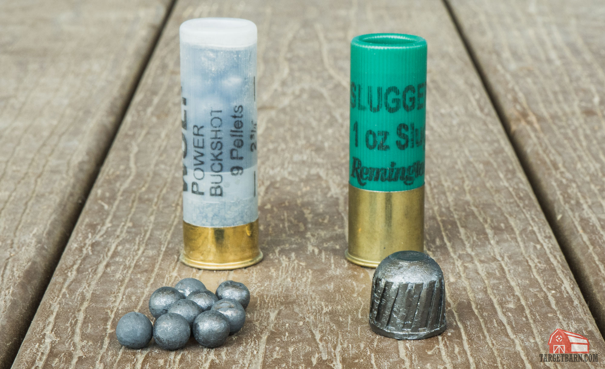the shot inside a buckshot cartridge and the lead slug projectile inside a slug projectile