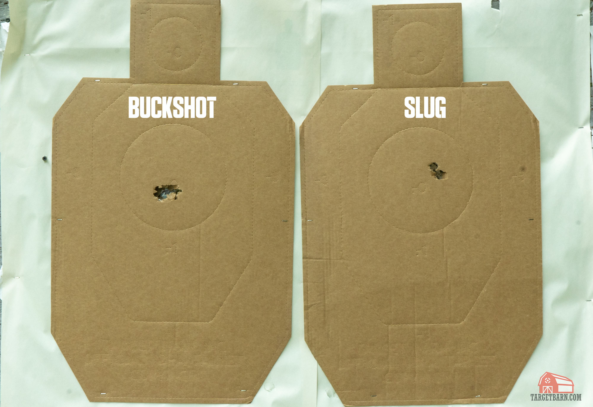 the patterning of a buckshot and a slug round at 25 feet on idpa targets