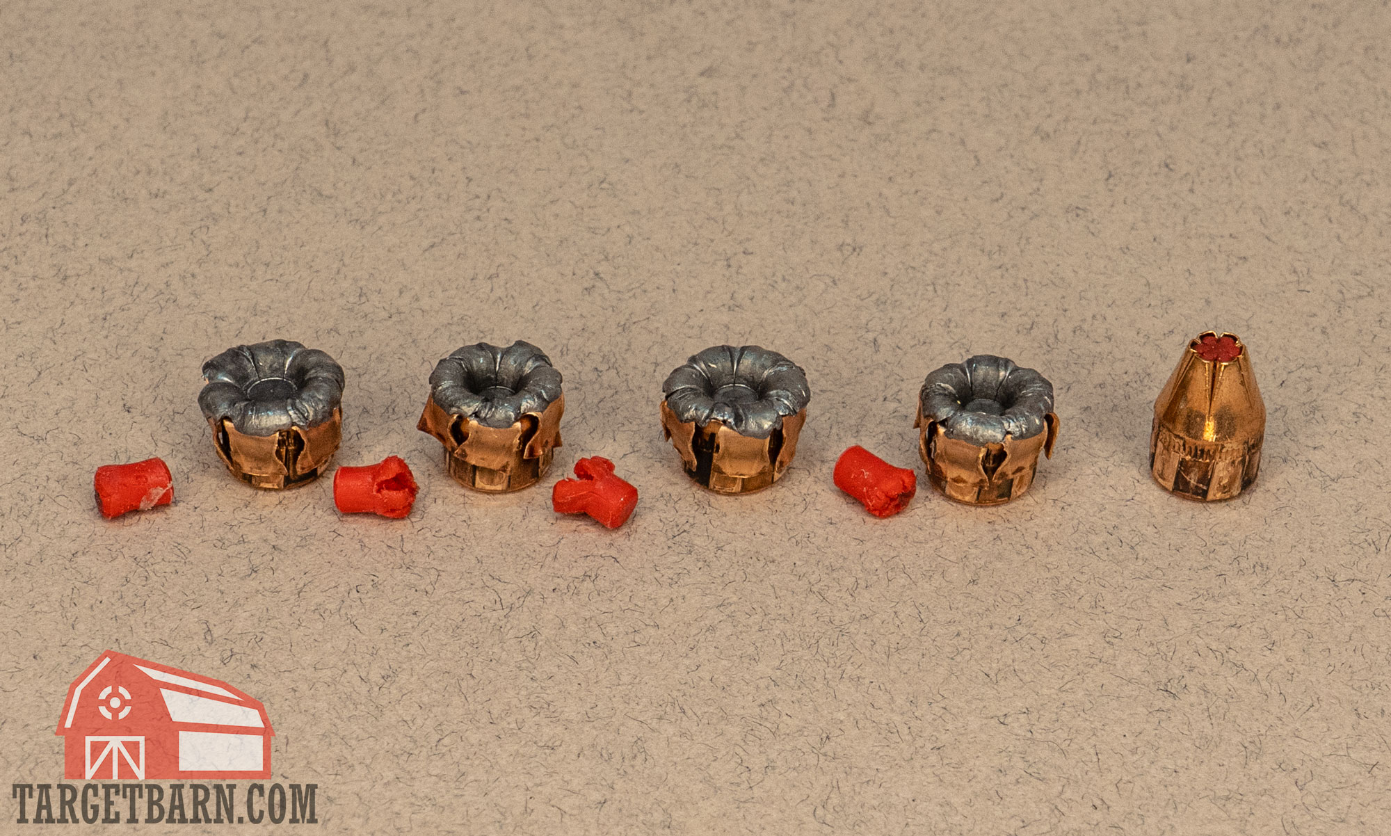hornady critical defense .380 expansion showing 5 expanded bullets of the hornady critical defense 380