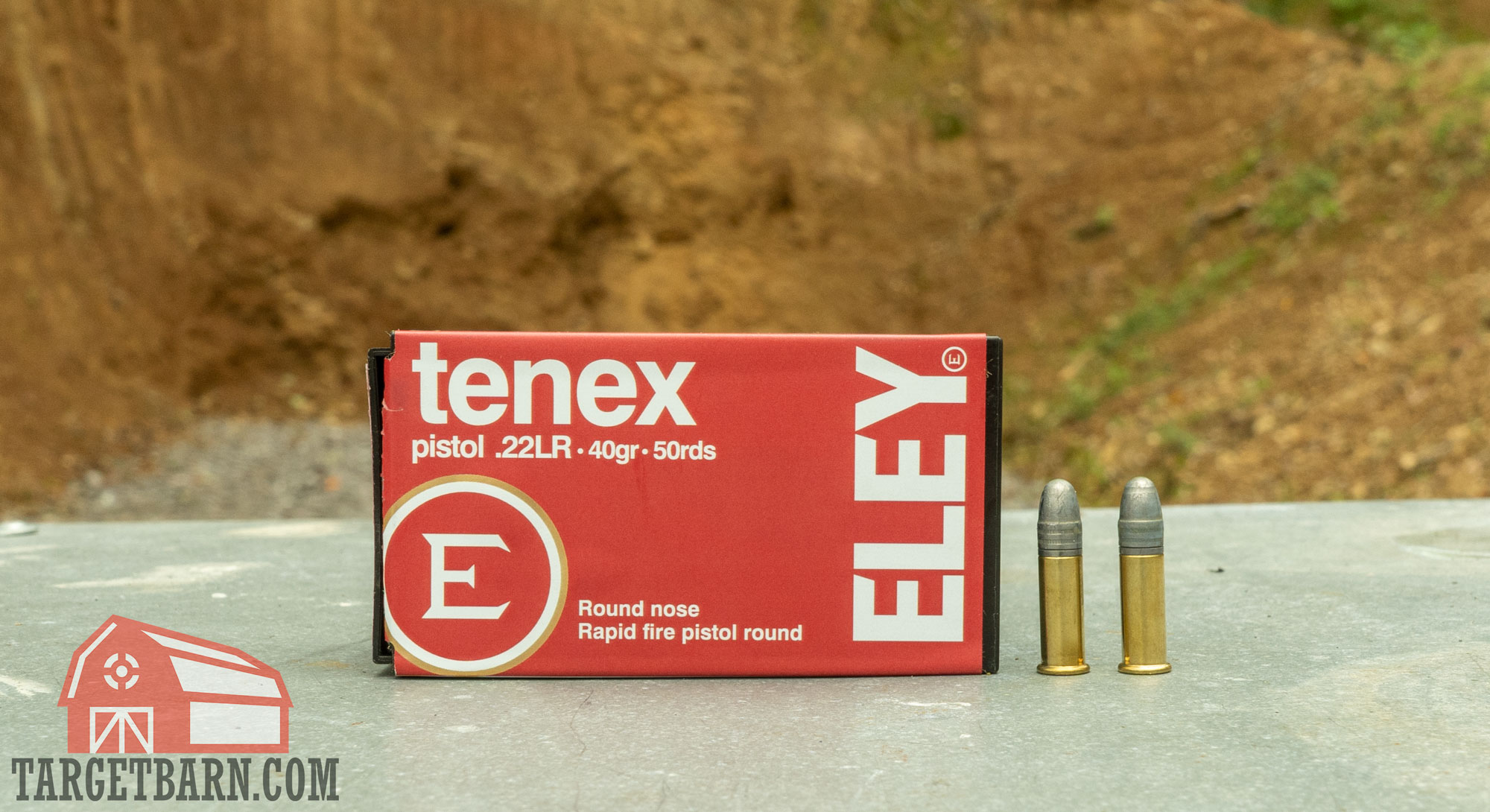 eley tenex pistol a box and two rounds of eley tenex pistol .22lr ammo at the range