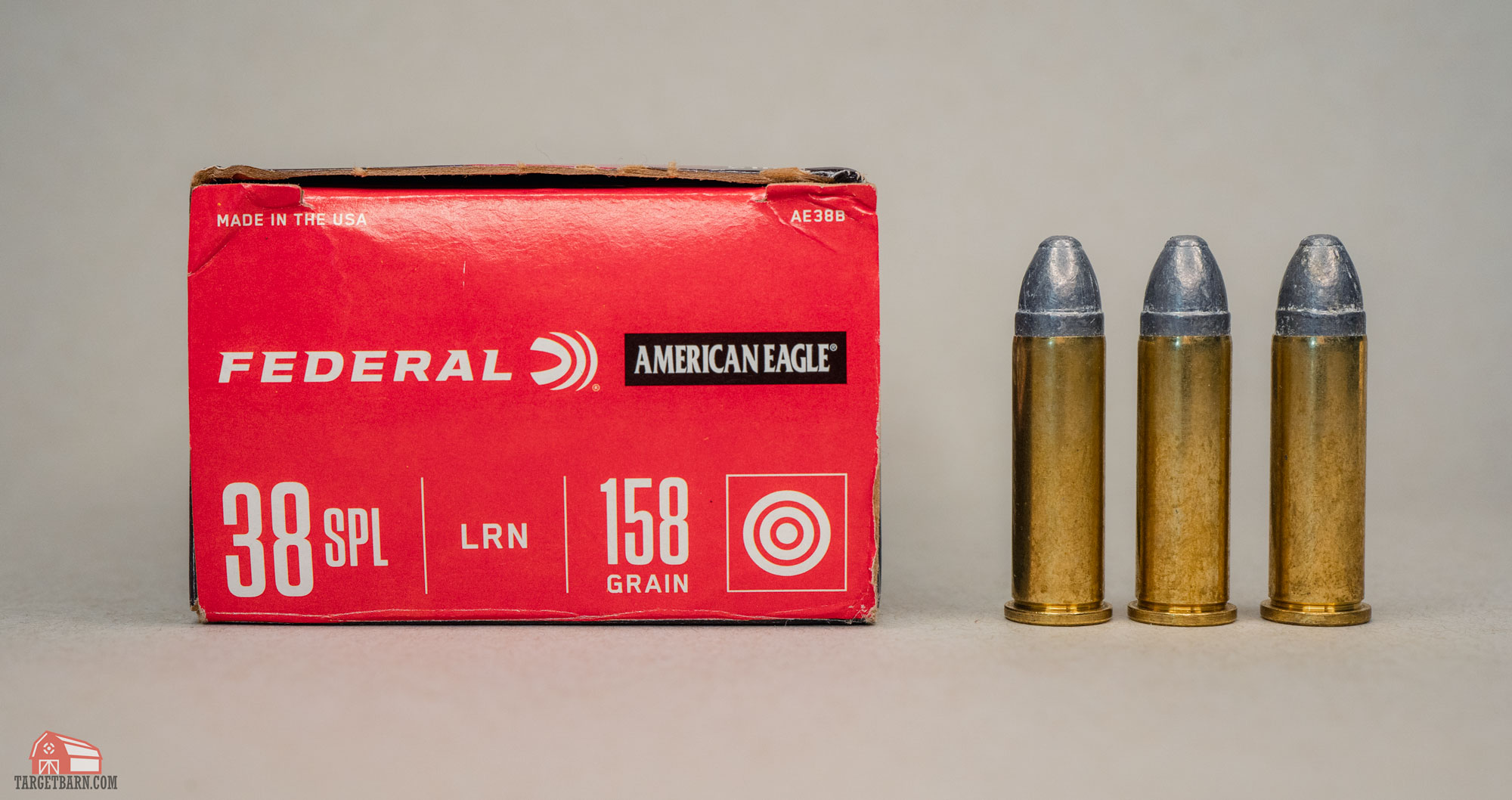 a box and three rounds of federal american eagle 38sp lead round nose bullets
