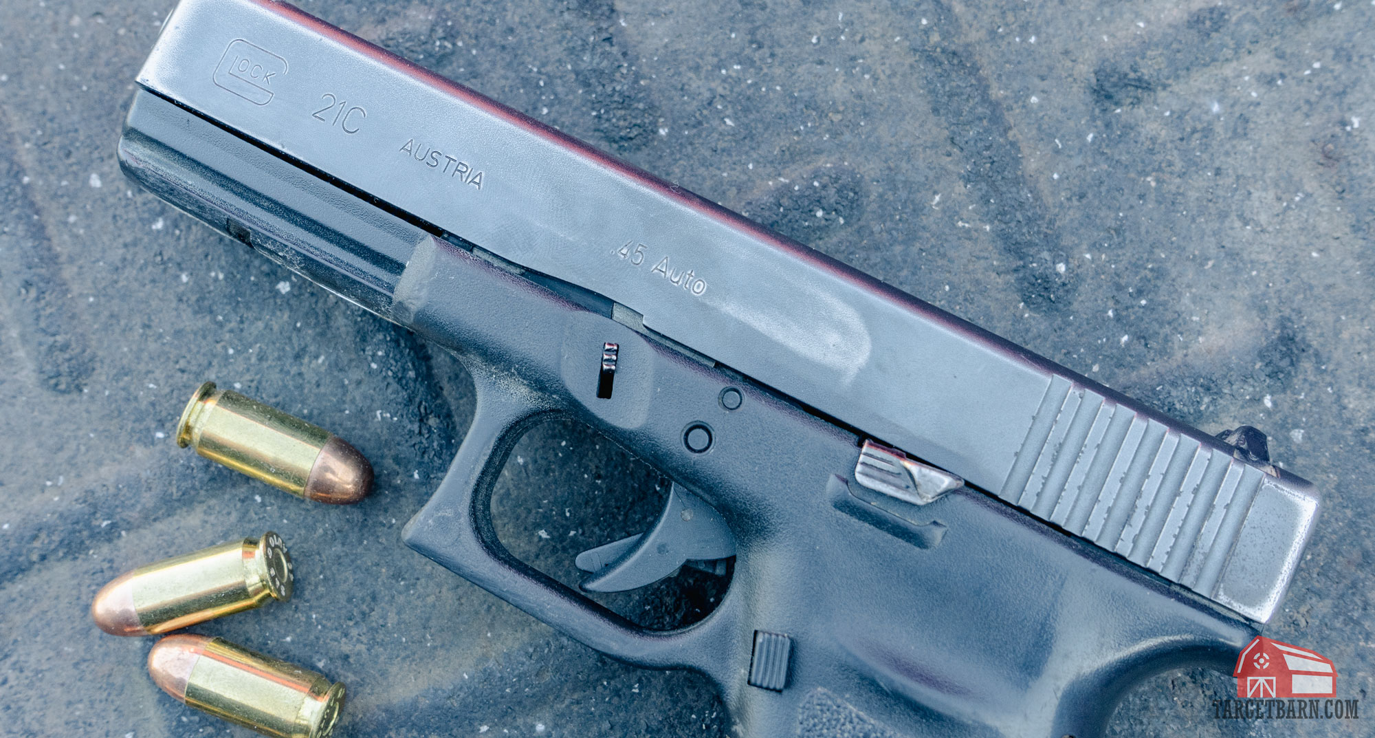 an up close look at the glock 21c with /45 auto written on the slide