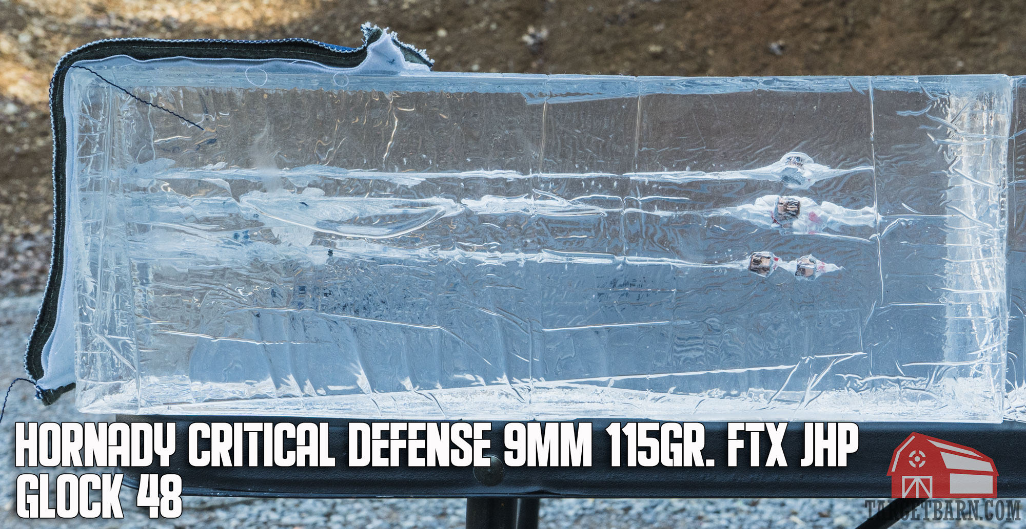 a ballistic gel block with 5 rounds of hornady critical defense fired from a glock 48