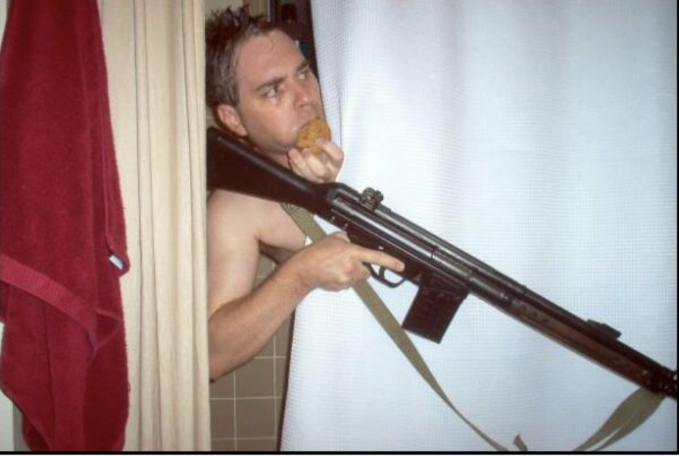 a meme template of a man eating a cookie with an hk93 while in the shower