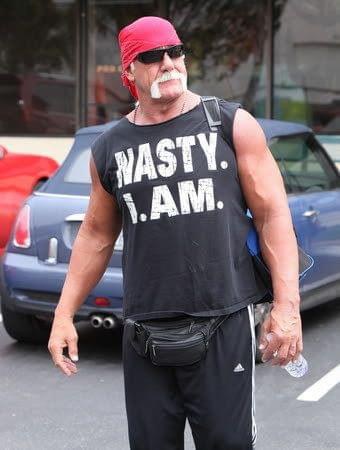 hulk hogan wearing a black fanny pack, a red durag, sunglasses, and a shirt that says "NASTY. I. AM."