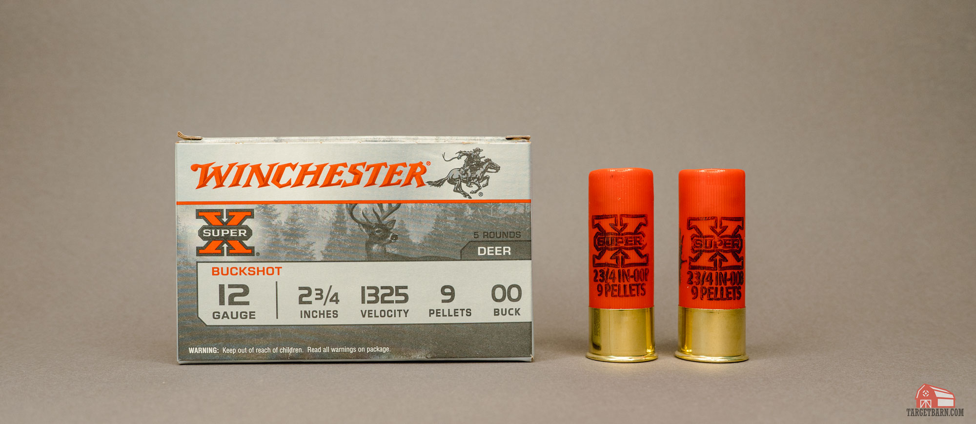 a box of winchester superx 12ga lead shot 00 buck with two shotshells