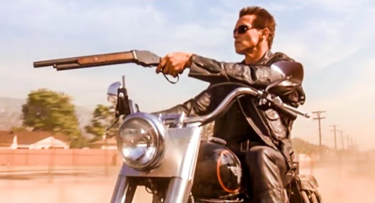 arnold schwarzenegger in terminator 2: judgement day using a winchester m1887 lever action shotgun