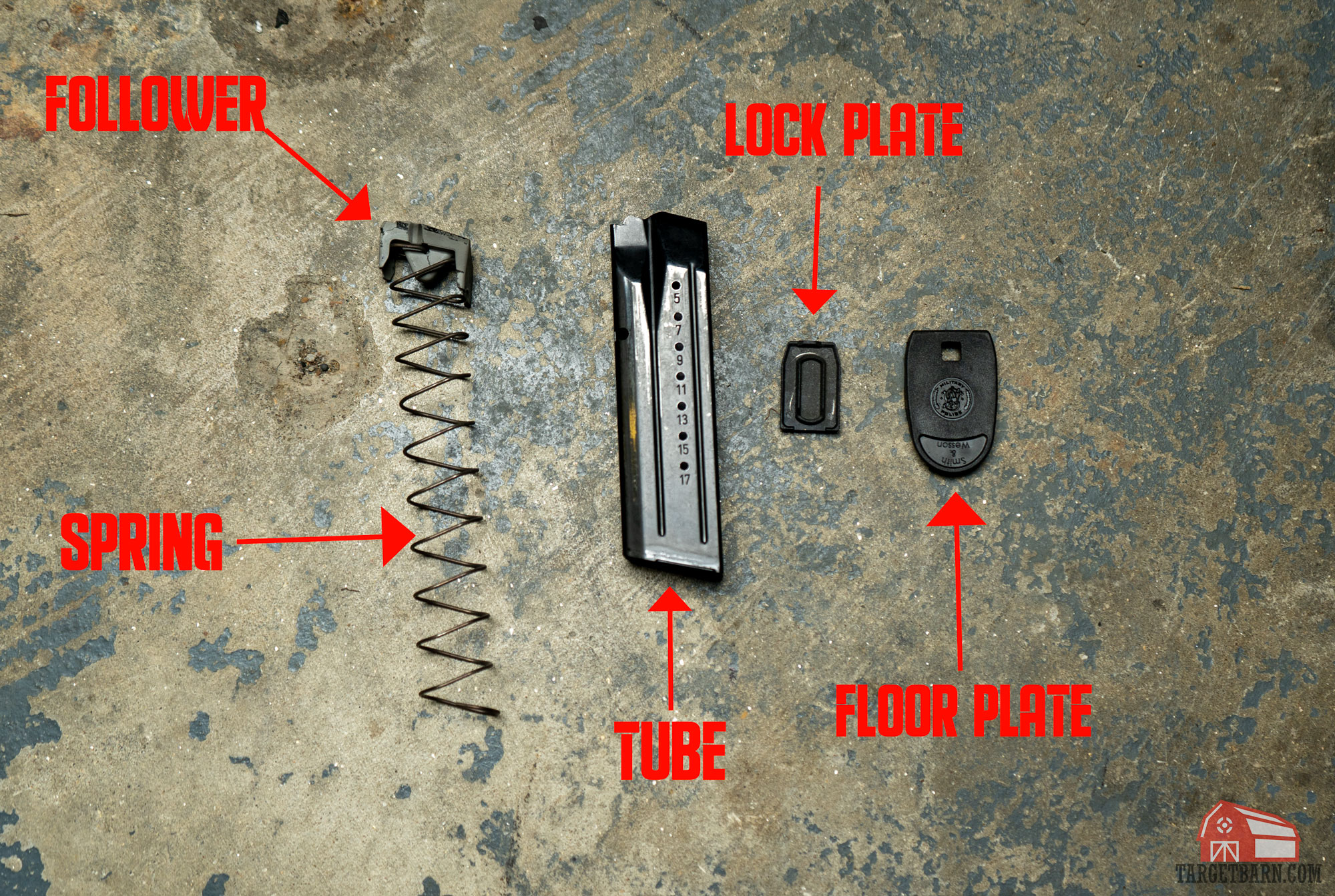 a diagram of the components of a handgun magazine