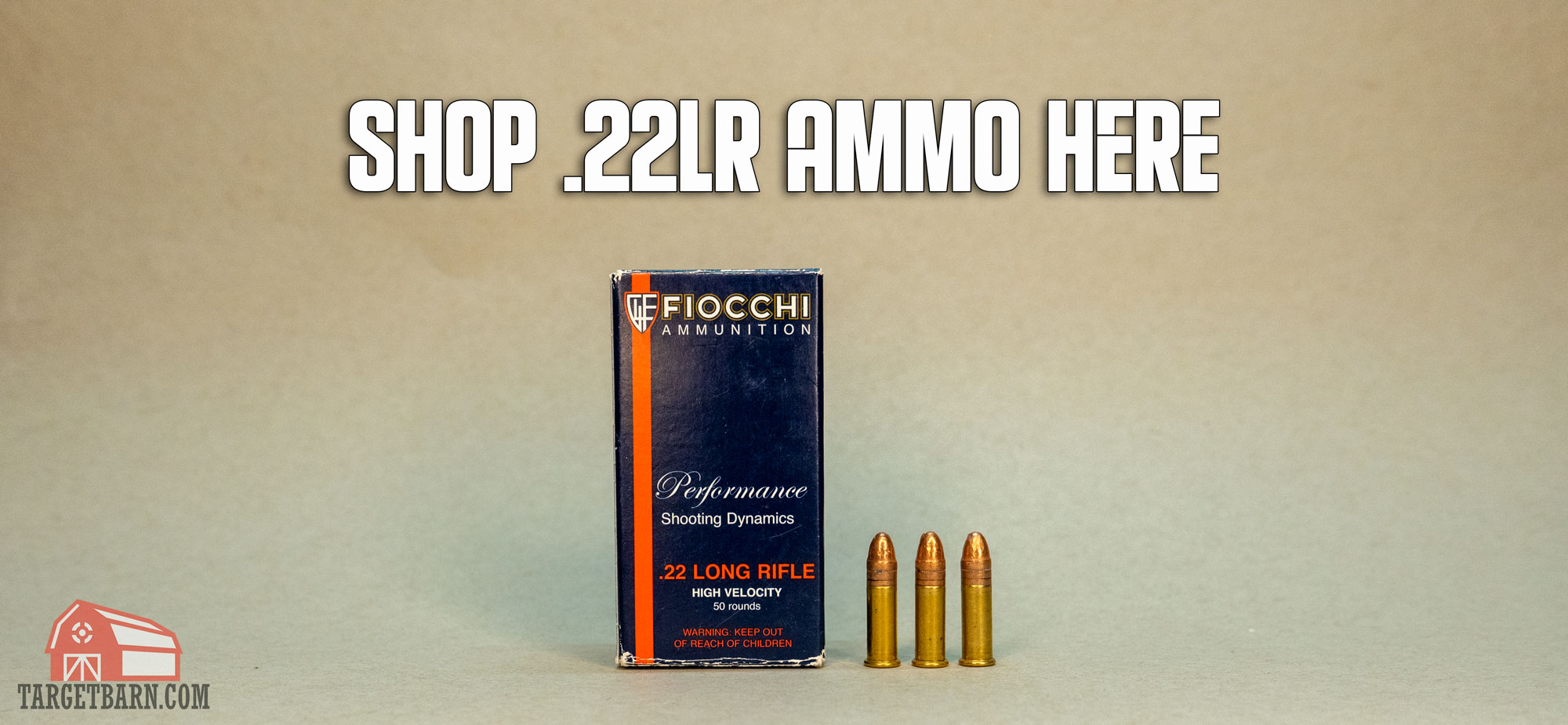 a box and three rounds of 22lr ammo with the text shop 22lr ammo here