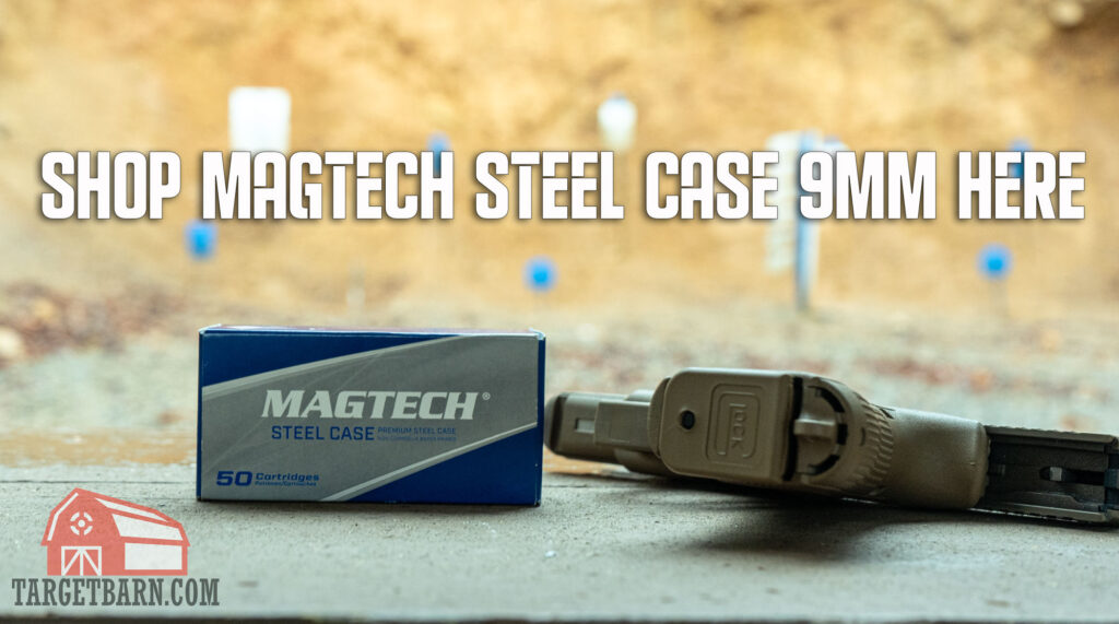a box of magtech steel case and a glock at the range