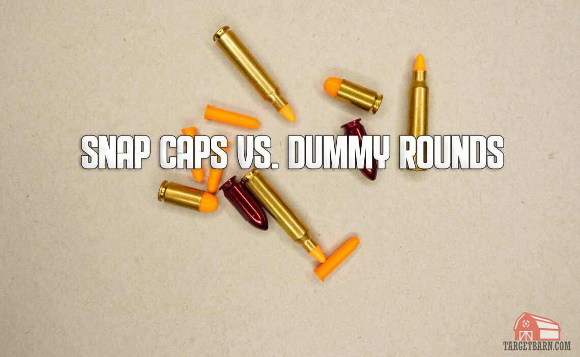 snap caps vs. dummy rounds header image showing loose dummy rounds and snap caps