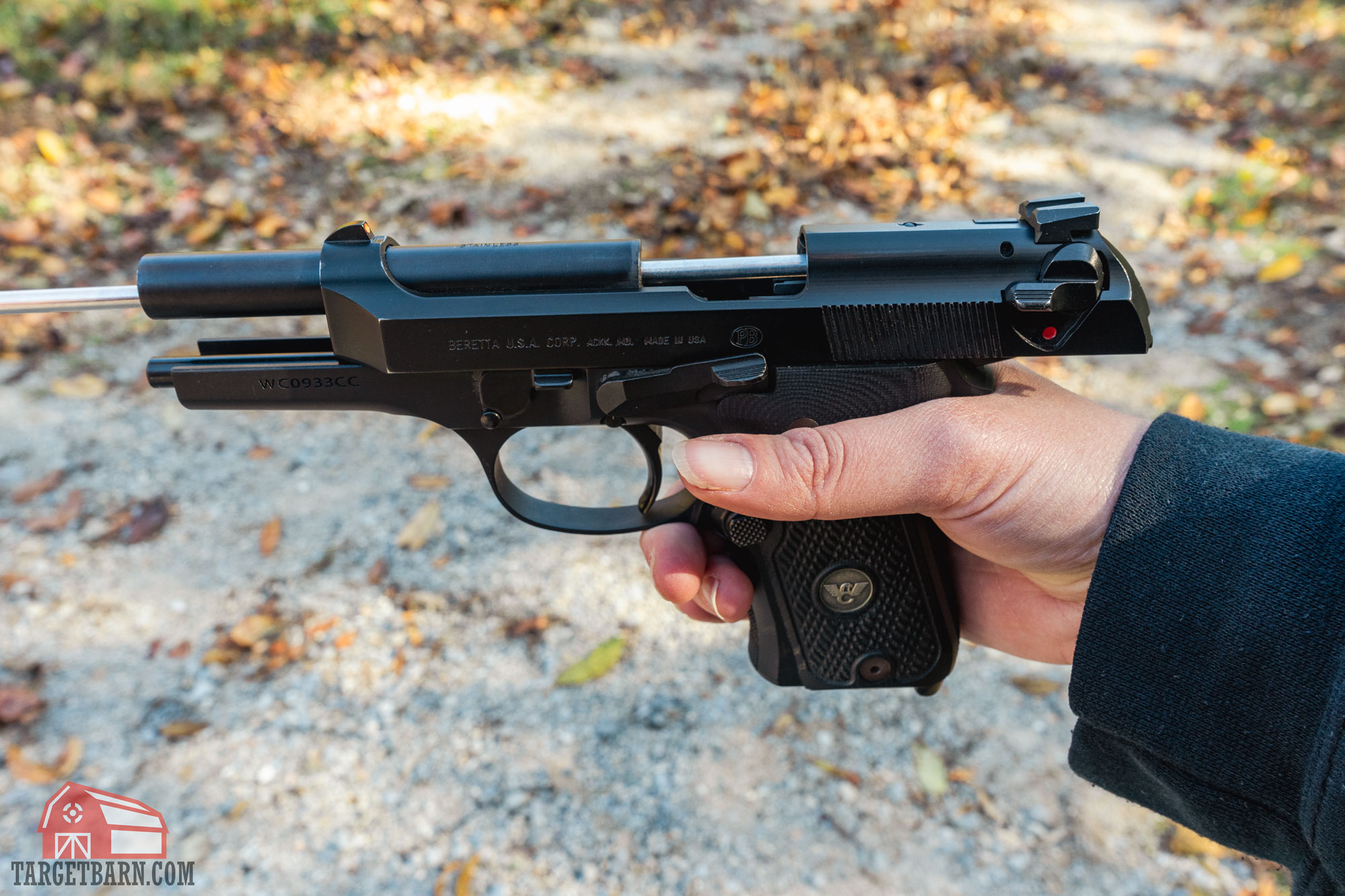 a squib rod inside the barrel of a pistol showing how you would check for a squib load