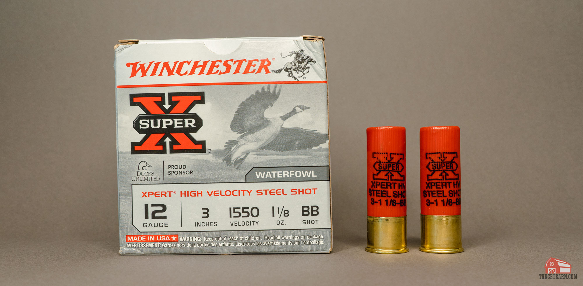 a box of winchester super x 12ga high velocity steel shot shotshells with two shot shells