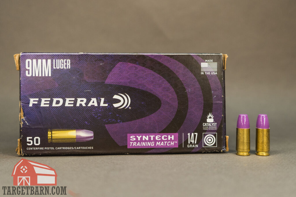 a box and two rounds of federal syntech training match 9mm