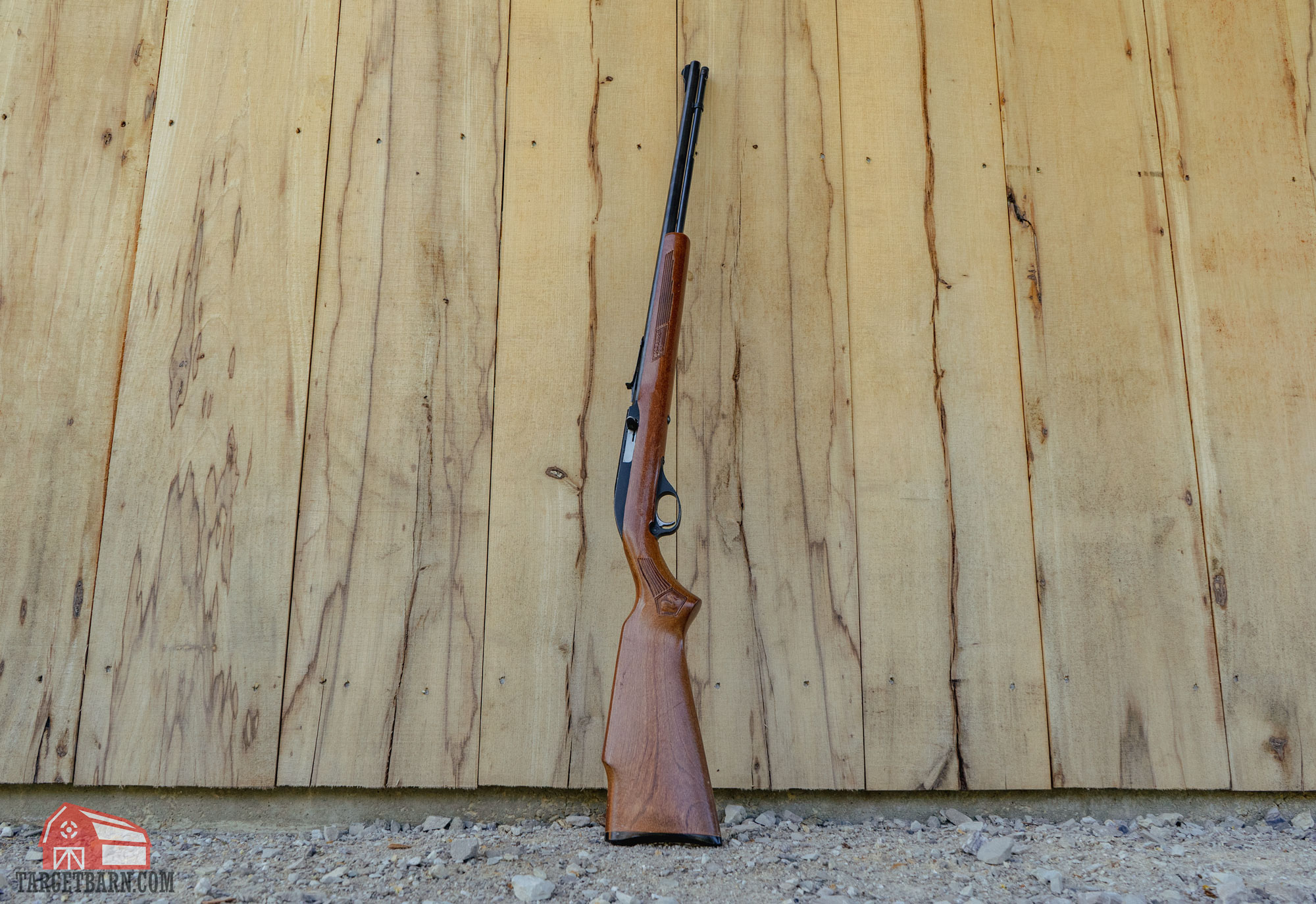 a glenfield model 60 22lr rifle that uses a tubular magazine leaning against a wood wall