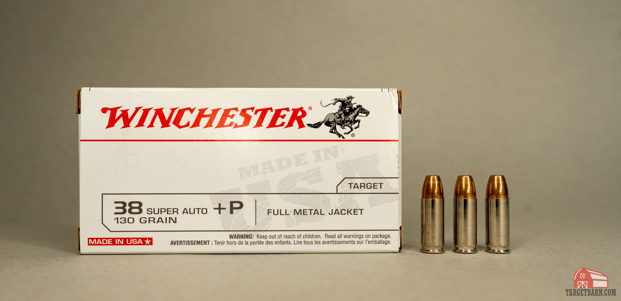 winchester .38 super auto +p ammo box and 3 rounds